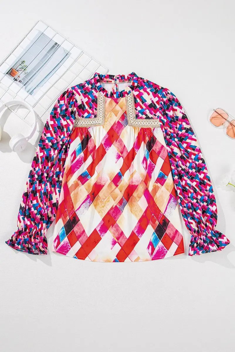 Rose Red Abstract Geometric Pattern Patchwork Puff Sleeve Blouse - Love Salve